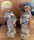 Antique Bisque Porcelain Figurines Young Victorian Era Boy   Girl Elegant Attire