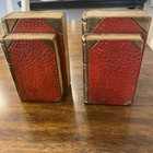 Vintage Heavy Cast Metal Faux Books Bookends Bronze Tone Mcm Red Leather Marked