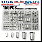 150pcs Stainless Steel Flat Head Threaded Rivet Nuts Blind Nutserts Kit M3-m8
