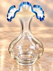 Vintage Fenton Style Art Glass Vase Blue White Ruffled Rim 8 5    Mcm