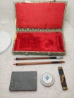 Vtg Chinese Calligraphy 5-piece Set  2 Brushes  Ink Stone  Ink Stick  Seal Paste