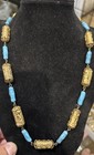 Art Deco Brass Antique Blue Glass   Stone Bead Necklace  Unique 20    Czech 