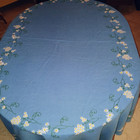 Vtg Embroidered Easter Daisy Bouquets Oval Spring Blue Tablecloth 69 X 81 