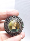 Rare  Antique 800 Silver Filigree Round Hinged Box W portrait Of Lady