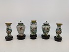 Vintage Chinese Set Of 5 Miniature Floral Cloisonne Jars And Vases With Stands