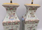 Pair Of Vintage Chinese Export Porcelain Famille Rose Vase Lamps Square Shape