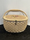 Vtg Sewing Basket Mcm Wicker Needlepoint Lid With Plastic Tray