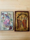 2  Orthodox Icons One Greek Wood  One Russian Beveled Glass With Silver