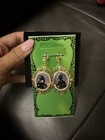 Betsey Johnson Gold Tone Black Cat Cameo Rhinestone Dangle Leverback Earrings