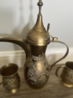 Antique Omani  dallah Coffee Pot   Cups  Brass   Copper Signed Saudi Arabia