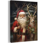 Vintage Santa With Reindeer Christmas Canvas Wall Art Farmhouse Holiday Decor