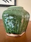 Antique Ginger Jar Chinese Shiwan Green Glazed Pottery Stoneware Hexagon Panels 