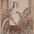 Girl Bicycle Cute Long Curly Hair Antique Cabinet Card Photo Beautiful Hat Dress