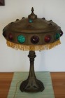 Art Nouveau Deco Antique Old Jeweled Glass Arts And Crafts Vintage Table Lamp 