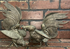 Vintage Pair Brass Fighting Roosters Cocks Mid-century Ornate Cockfighting