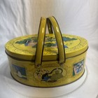 Vintage Tin Oval With Handles And A Matching Lid Yellow Kitchy Victorian Scenes