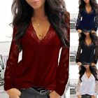                women Winter Inner Lace V Neck T Shirt Loose Casual Blouse Long Sleeve Tops