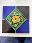 Antique Victorian Majolica Tile Yellow Rose Cobalt Blue England 6x6 Fireplace