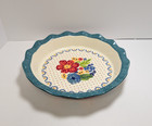 Pioneer Women Dazzling Dahlias Pie Plate Stoneware Teal Trim Crust Rim 11 5 