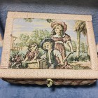 Vintage Woven Wicker Sewing Basket Box Children Tapestry Lid Satin Pin Cushion