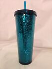 Starbucks 2017 Cold Cup 24oz Tumbler Embossed Tin Floral Metallic Foil Teal Blue