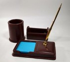Desk Set 3 Piece   Faux Leather Brown Pen Note Pencil Business Card Holders Read