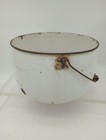 Vtg White Enamel Pot Wood Bale Wire Handle Farm House Primitive  Chippy 10x6