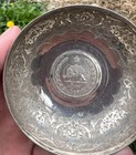 Amazing Antique Persian Etched Silver Bowl With Lion Coin Insert Marked 84