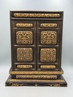 Antique 19th C  Chinese Black Lacquer Gilded Wood Shrine Cabinet With Longevity