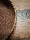 Vintage Round Woven Wicker Bamboo Basket W Braided Rim Wooden Feet Storage