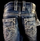  220 Mens Rock Revival Jeans  sleets  Leather Inserts Slim Straight 38 X 31