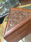 Vintage Handmade Triangular Carved Brass Inlaid Wooden Box Trinkets Jewellery