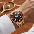Winborn Montier Gold Tone Watch Black Dial Red 24 Hour Bezel Date Bracelet