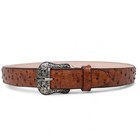 Genuine Leather Ostrich Print Texas Metal Buckle Belt Cognac Color - Tanner Mark