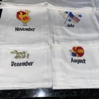 Set Of 12 Vintage Cotton Embroidered Months Of The Year Tea Towels  White