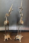  2  Antique vintage Brass  Crane Heron Standing On Turtle Candle Stand Statue