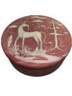 Vintage Round Hinged Soap Stone Pink Unicorn Jewelry Trinket Box Signed R Nemith