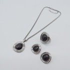 Avon Necklace Earrings Ring Set  Dark Blue Cabochon Silver Tone Parure Set