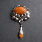 Natural Amber Antique Silver Brooch From Denmark 1930s Art Nouveau Big 23g