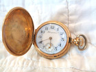 1907 Antique Hampden Gold Fill Ladies Pocket Watch Blue Dial Ornate Case Runs s
