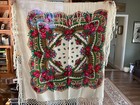 Vintage Large Hand Painted Floral Wool Ukrainian Folk Shawl wrap W fringe - Mint