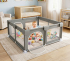 Gray Baby Playpen Foldable Portable Play Yard W  Zipper Door Mesh Sides