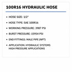 1 2  2 Wire 100r16 Hydraulic Hose Assembly With 1 2  Male Npt Fittings 3987 Psi
