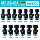 Duratech 1 2  Dr Swivel Socket Set 13pcs Shallow Universal Impact Metric 10-24mm