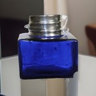 Square Cobalt Blue Glass Inkwell With Metal Lid Vintage Antique Style