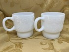 2 Vintage Hazel Atlas Hazelware White Milk Glass Scroll   Dots Embossed Mug Cups