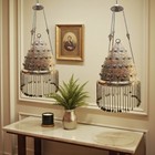 Br75 Pair Of Antique-style Brass Pendant Lamps Hand-etched Jeweled Glass Stones