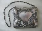 Antique Art Nouveau Silver Metal Floral Lining Mirror Card Case Purse