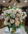 Large Cala Lilies And Roses In Gold Metal Urn  Faux Flower Arrangement