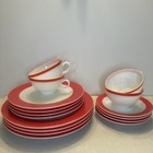 Vtg 1950 s Pyrex Flamingo Coral Band Milk Glass 16 Piece Dish Set 4 Settings Mcm